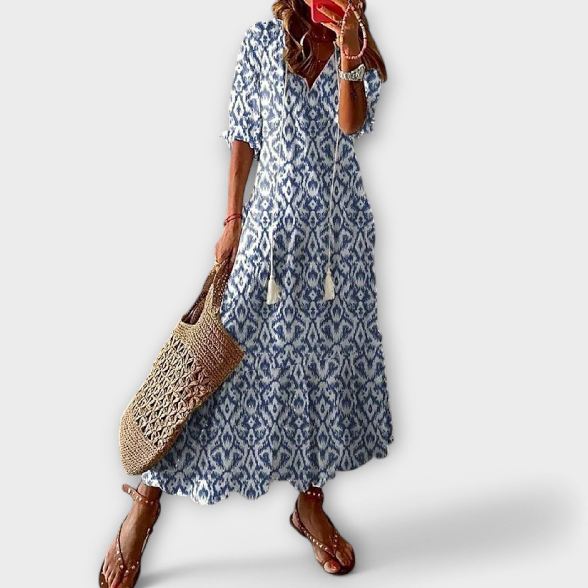 Boho Print Short Sleeve Flowy Midi Dress