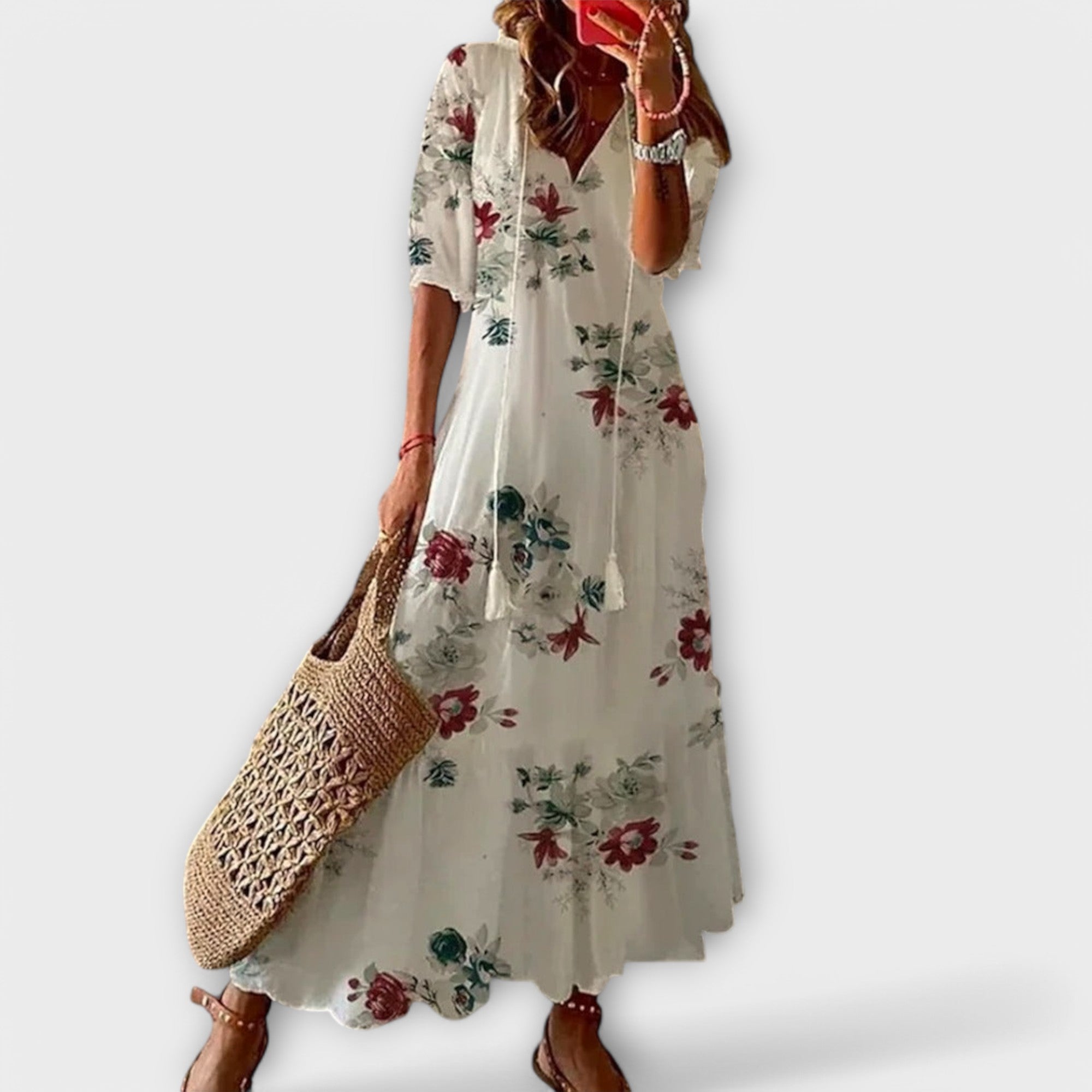 Boho Print Short Sleeve Flowy Midi Dress