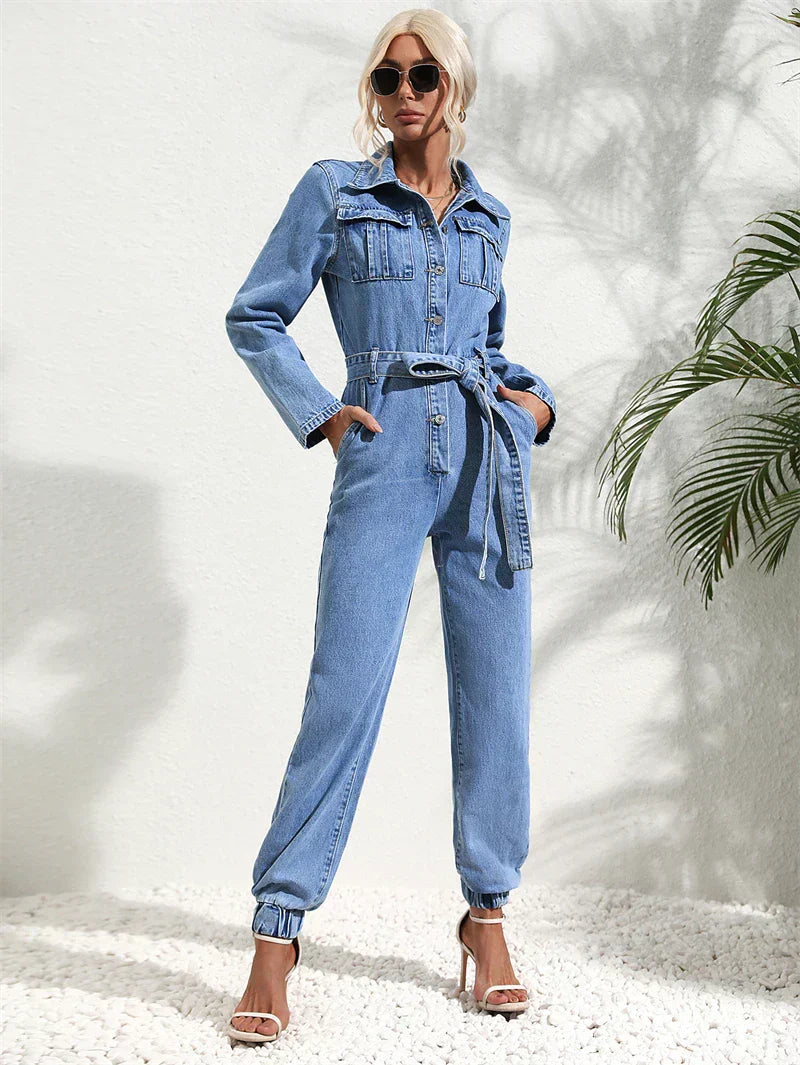 Women’s Denim Long-Sleeve Belted Jumpsuit
