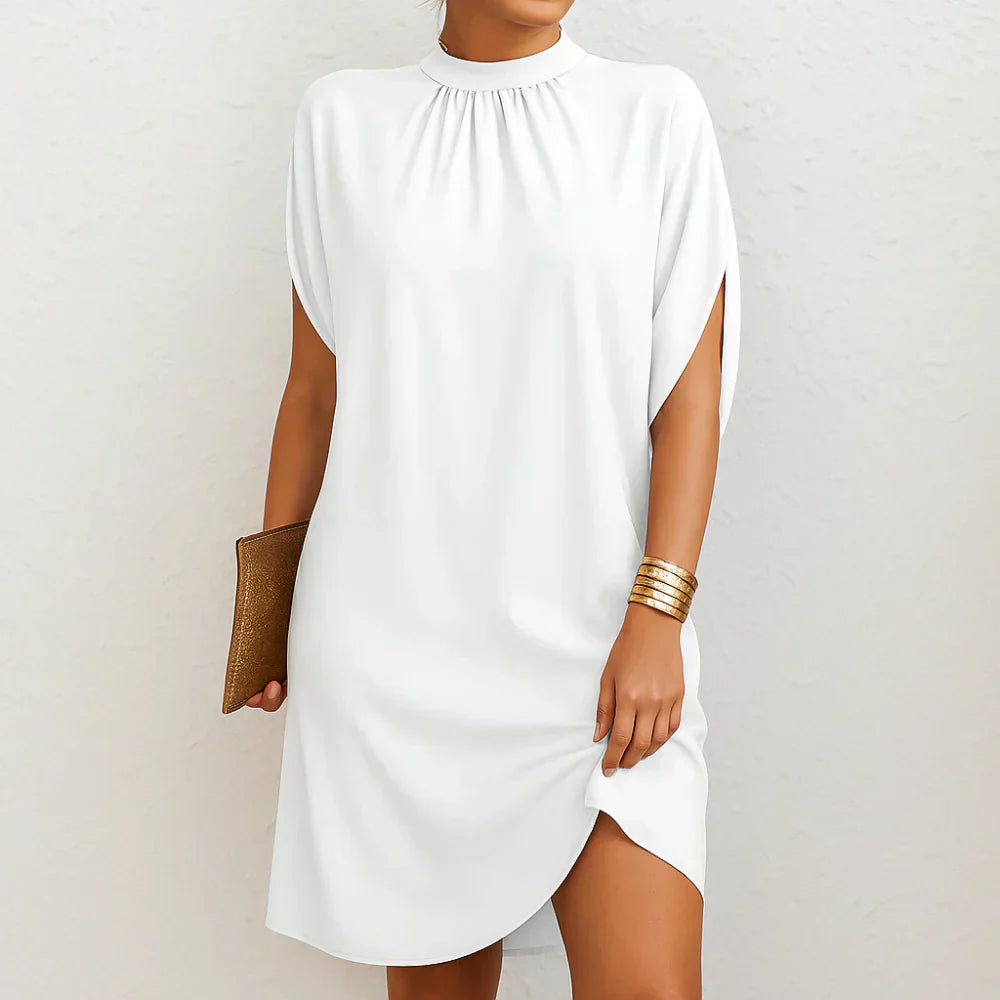 Elegant High-Neck Short-Sleeve Loose Women’s Dress
