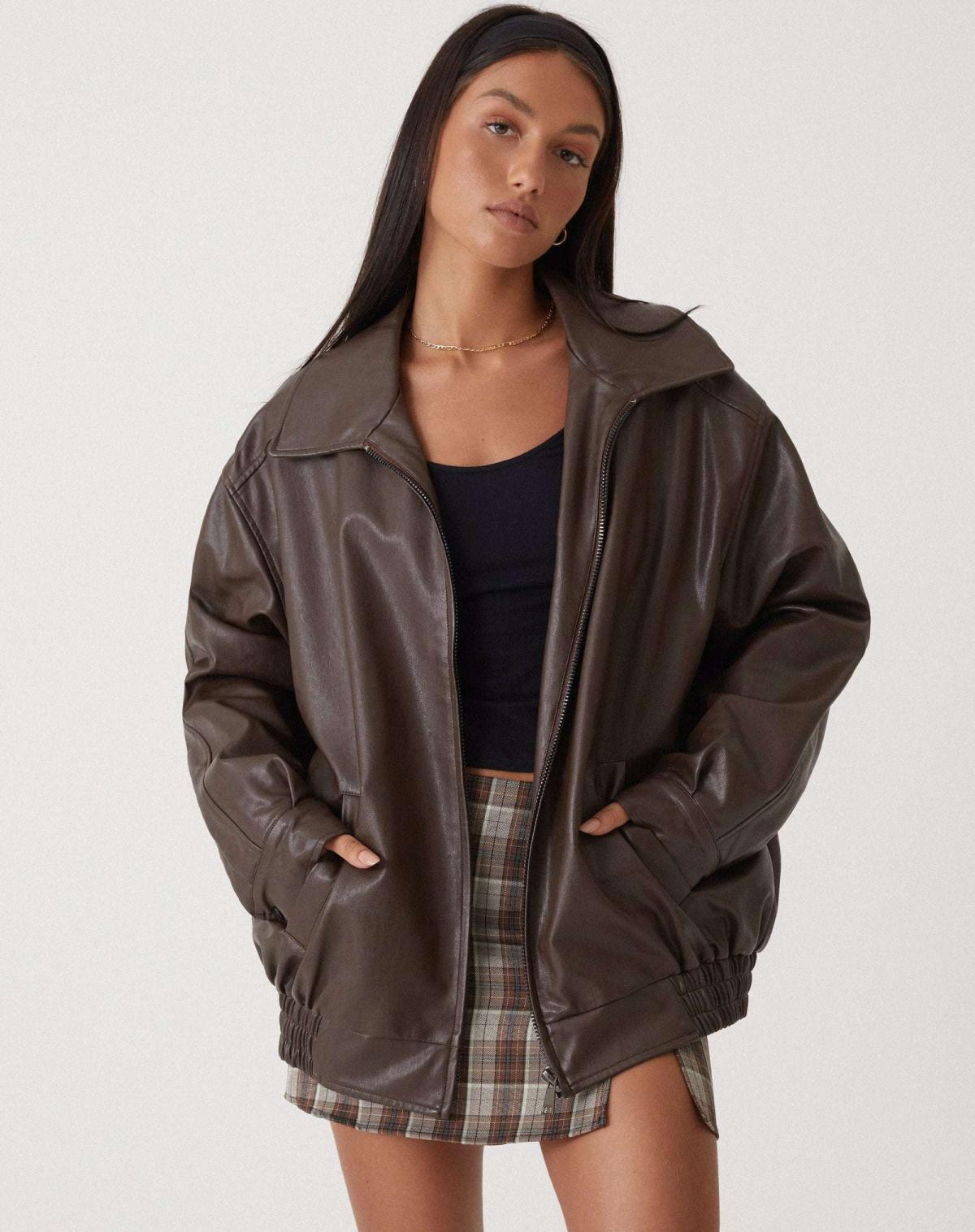 Women’s Oversized Faux Leather Bomber Jacket