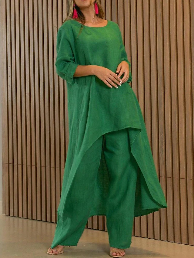 Elegant Asymmetrical Two-Piece Tunic and Wide-Leg Pants Set