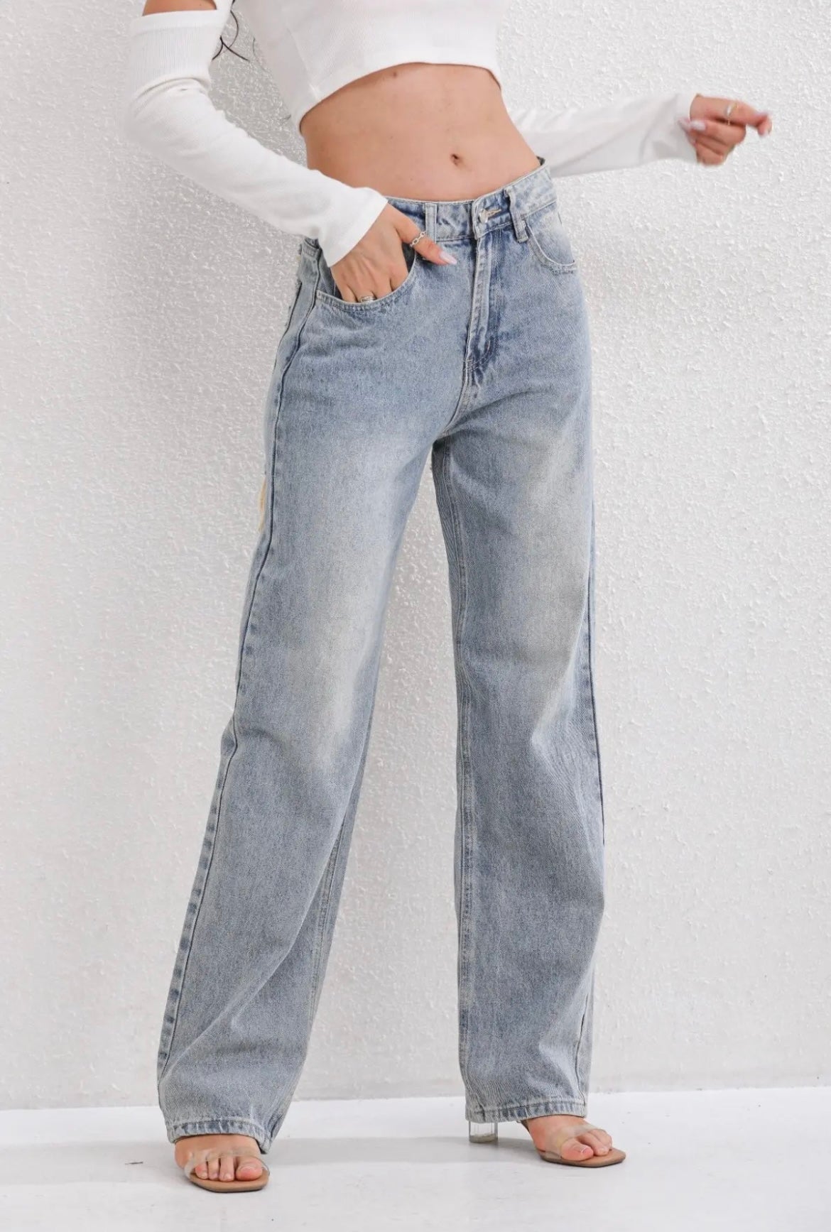High Waisted Patchwork Distressed Wide Leg Jeans